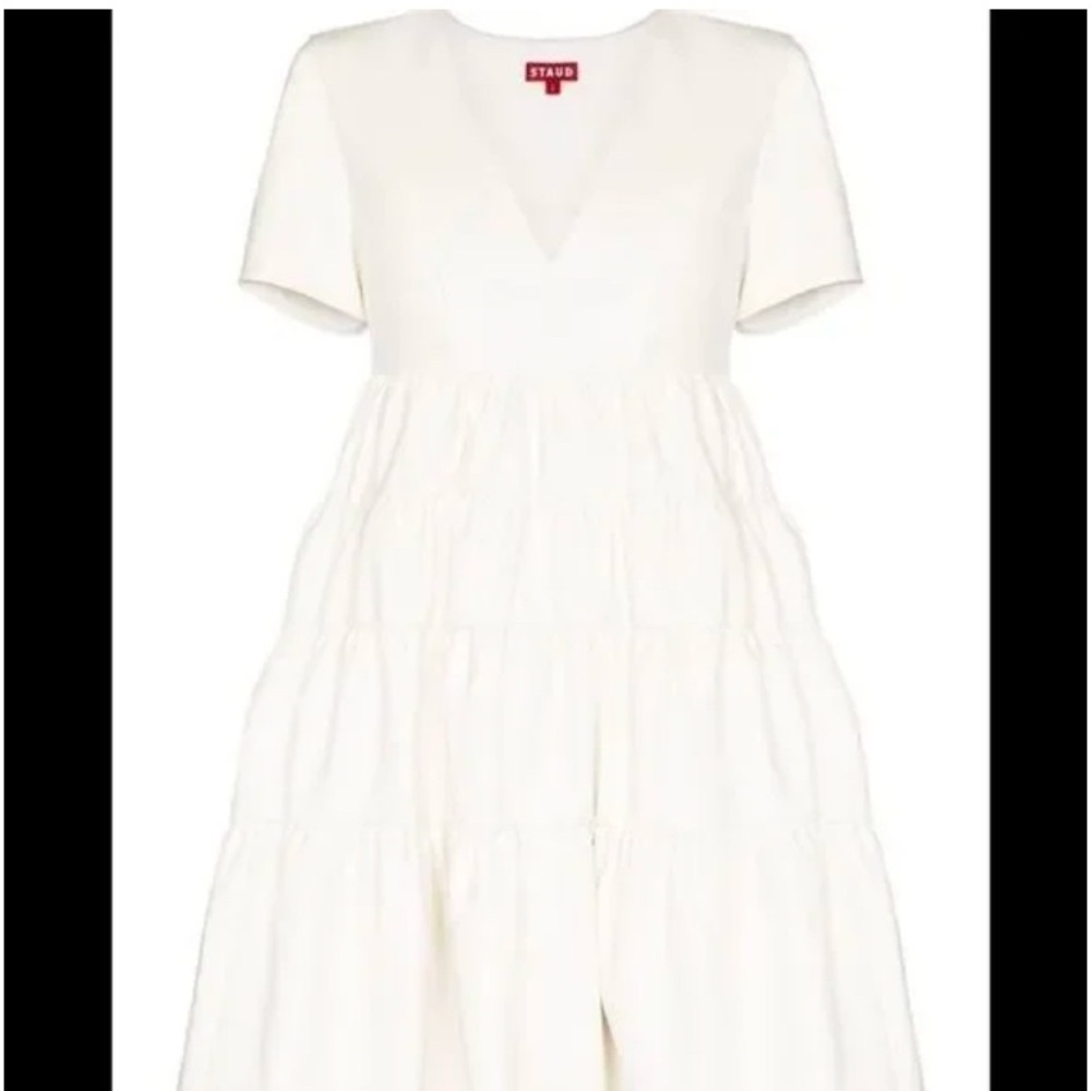 STAUD Cream V-Neck Tiered Midi Dress